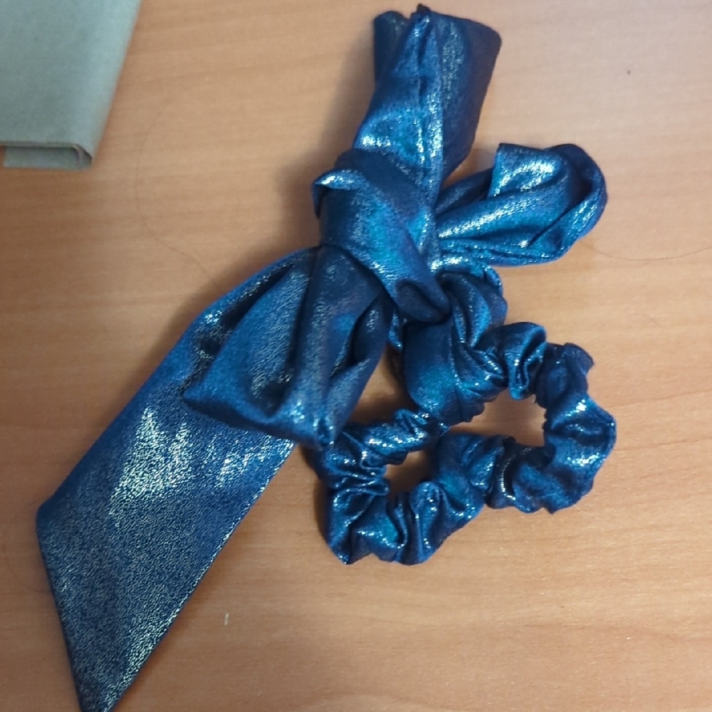 Shiny Blue Hair Scrunchie With Bow